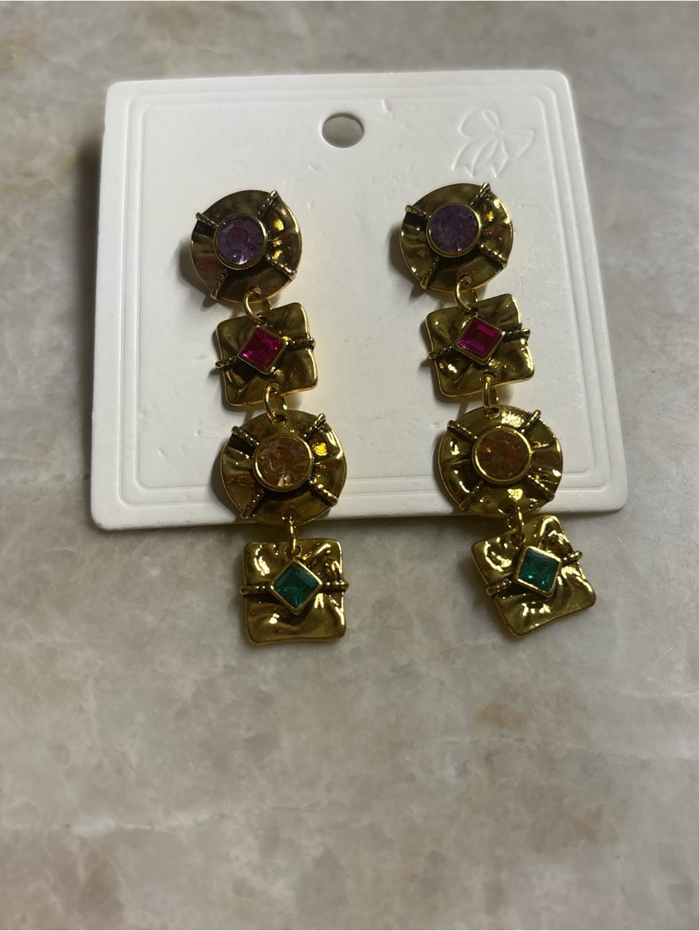 Vintage Gold-Tone Drop Earrings with Pink Purple Teal Accents